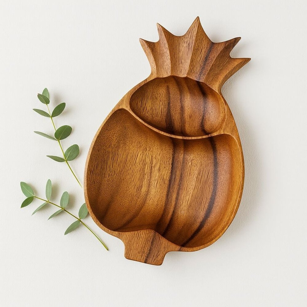 Acacia Wooden Pineapple Serving Dish 2 Section Tray VTG Tropical Kitchen Decor